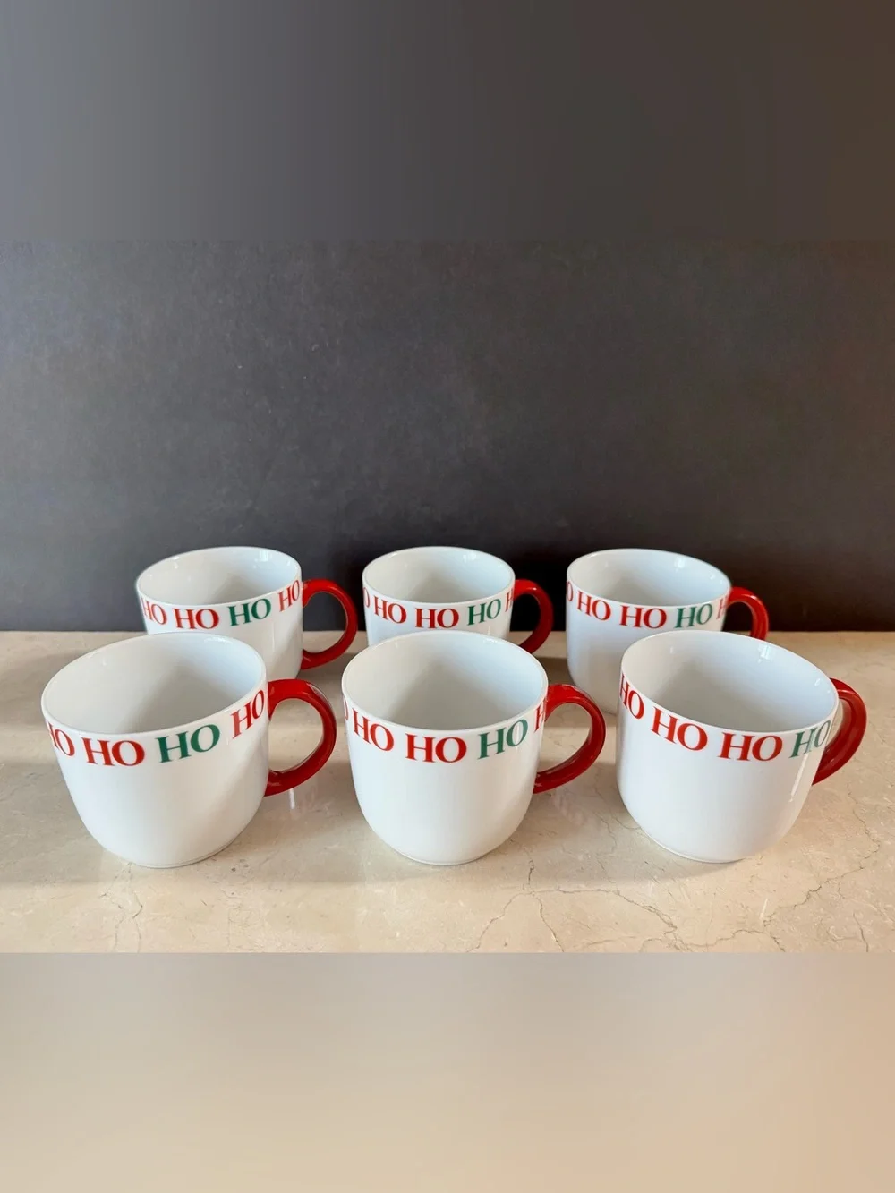 (Set/6) Crate & Barrel Ceramic HO HO HO White Holiday Mugs w/Red Handles